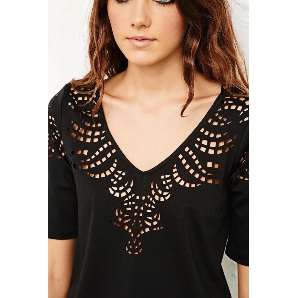 Kimchi Blue Laser Cut Black Crop Top - Picture 1 of 6